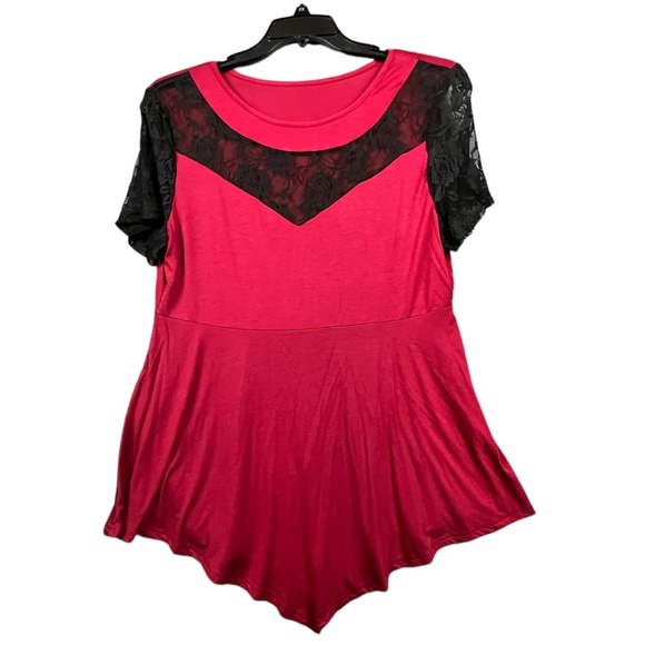 Chvity Women's Blouse Sz XL O-Neck Lace Wine Red Short Sleeve Pre-Owned - Picture 1 of 5